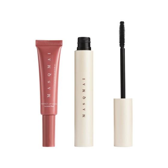 MASQMAI Lip and Lash Set: Perfect Lip Gloss Caramel Nude and Triple-Action Mascara