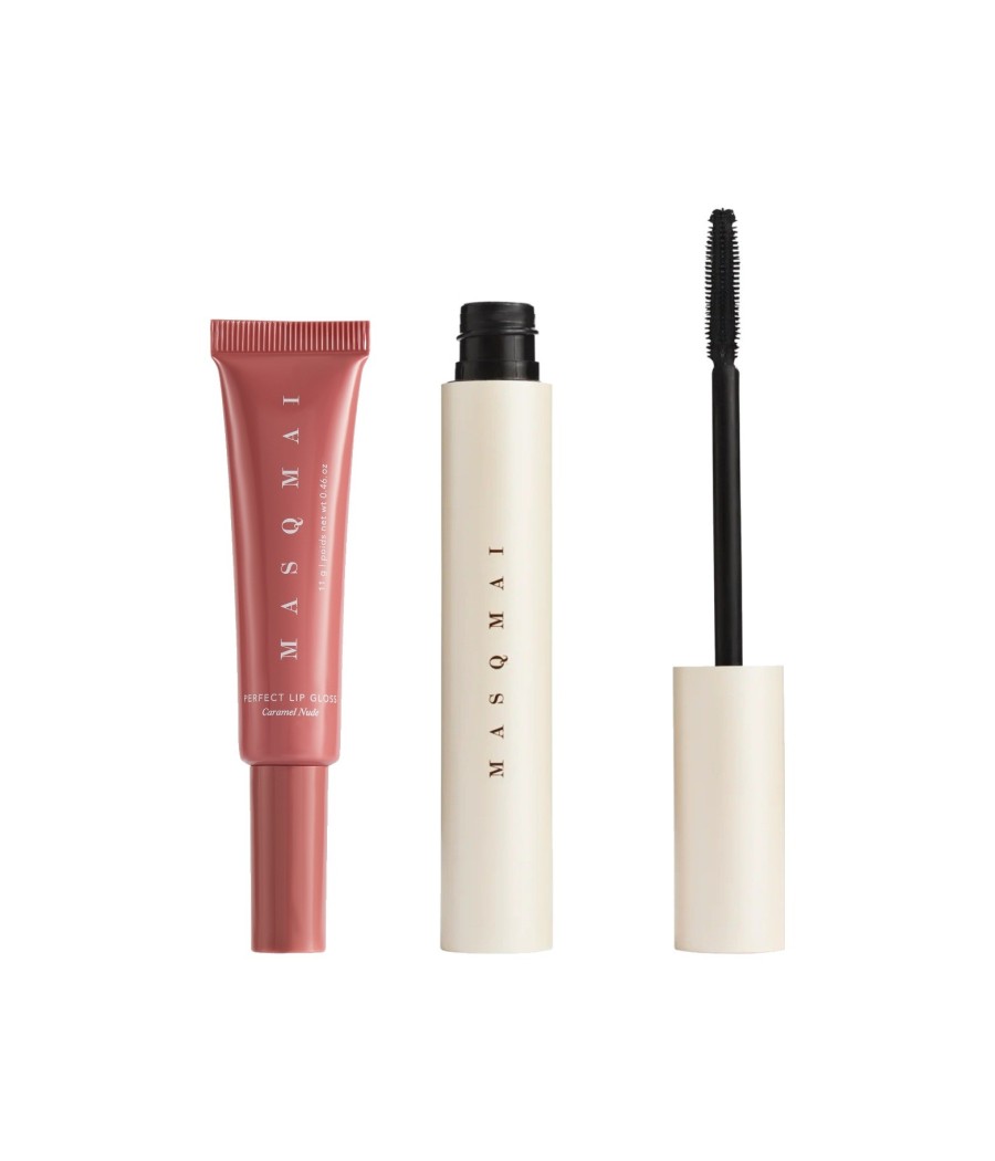 MASQMAI Lip and Lash Set: Perfect Lip Gloss Caramel Nude and Triple-Action Mascara
