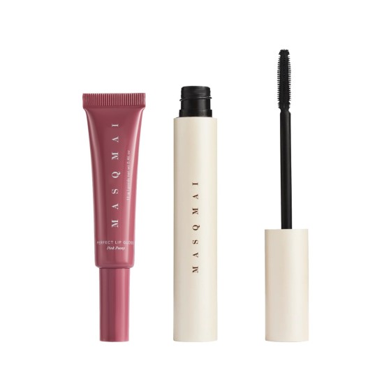 MASQMAI lūpų ir blakstienų rinkinys: blizgis „Perfect Lip Gloss“ Pink Peony ir trigubo poveikio tušas