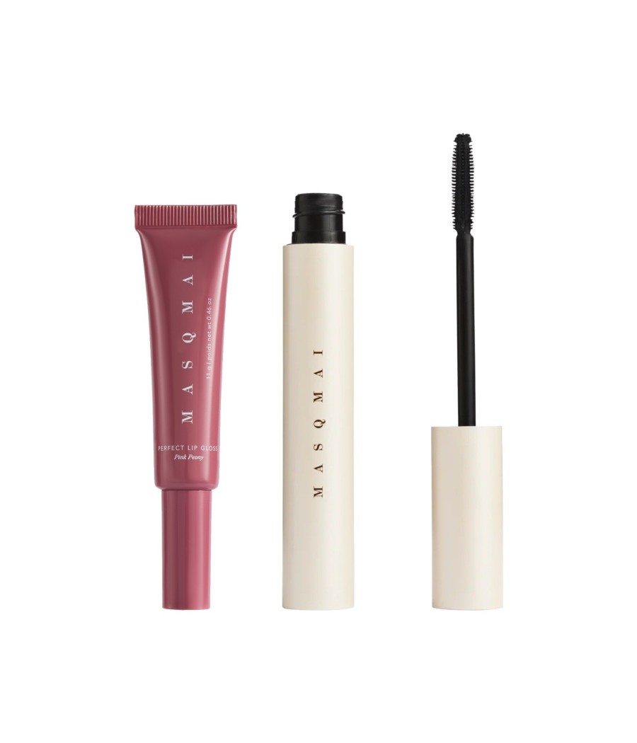 MASQMAI lūpų ir blakstienų rinkinys: blizgis „Perfect Lip Gloss“ Pink Peony ir trigubo poveikio tušas