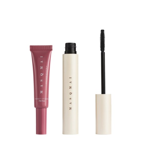 MASQMAI lūpų ir blakstienų rinkinys: blizgis „Perfect Lip Gloss“ Pink Peony ir trigubo poveikio tušas